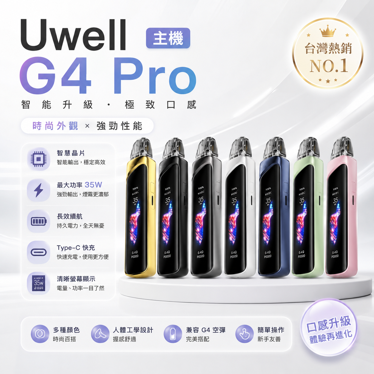 Uwell Caliburn G4 Pro 主機｜35W智慧電子煙主機｜彩色螢幕・Type-C快充-台灣現貨