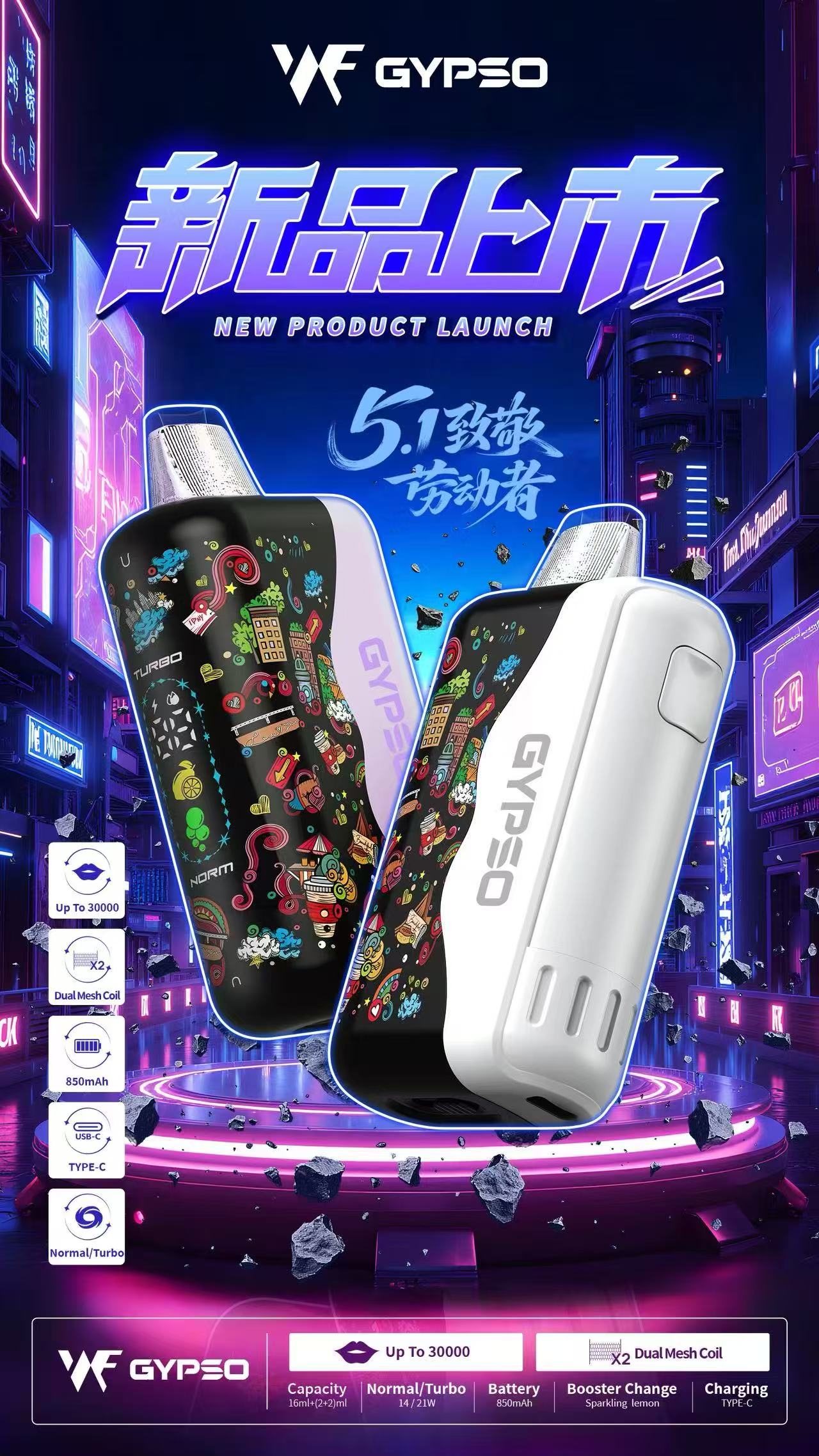 GYPSO 滿天星 30000口拋棄式電子煙｜油電雙顯示｜Mesh網芯霧化｜雙模式調節｜Type-C快充高續航一次性電子煙-台灣現貨