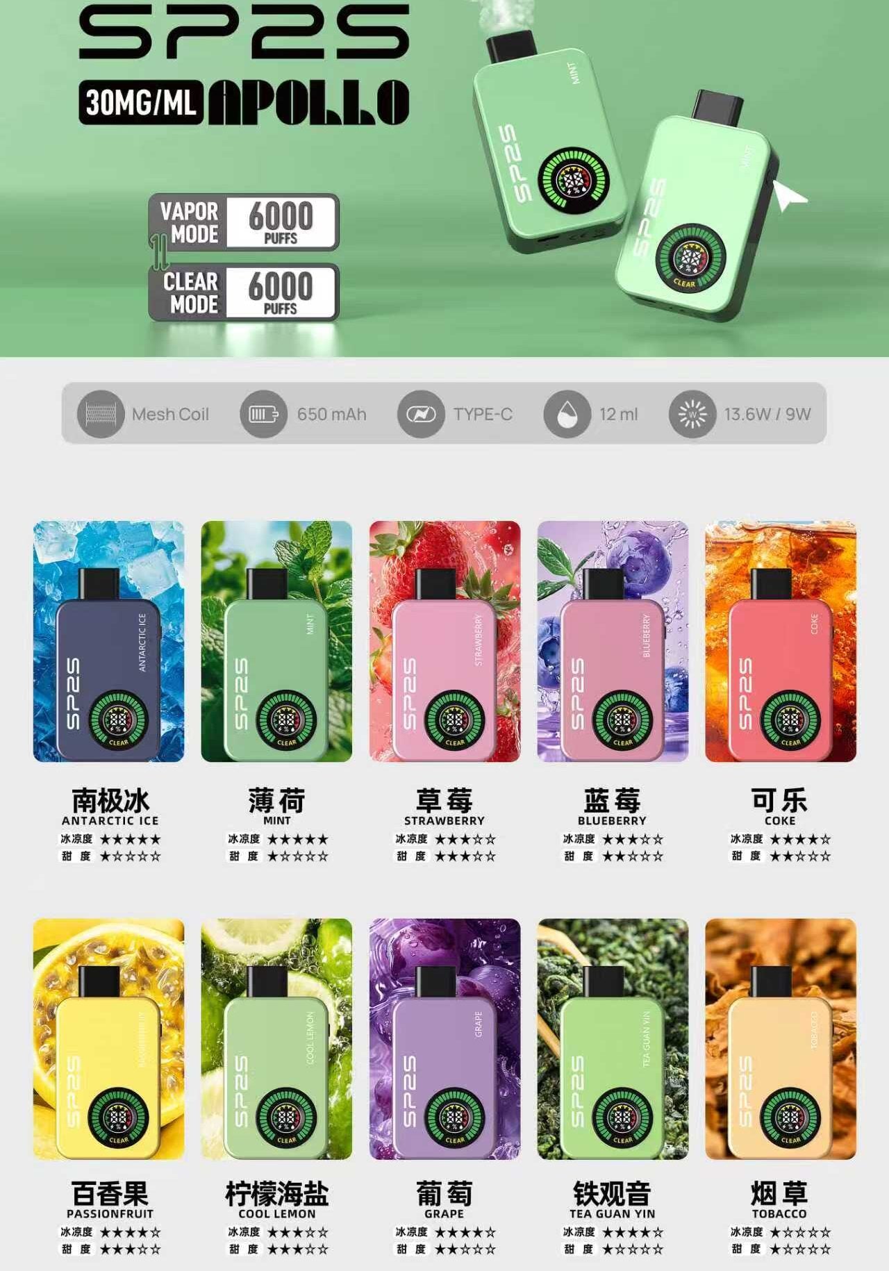 SP2S Apollo 12000口拋棄式電子煙｜雙模式切換｜6ml雙倉設計｜全彩液晶螢幕顯示｜便攜式電子煙設備-台灣現貨