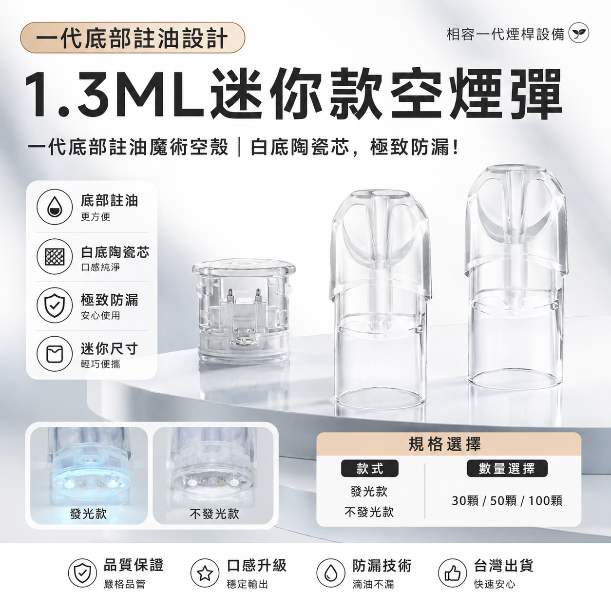 1.3ML迷你款空煙彈｜一代底部注油魔術空殼｜白底陶瓷芯替換煙彈｜發光／不發光款｜防漏設計-台灣現貨 圖片 3
