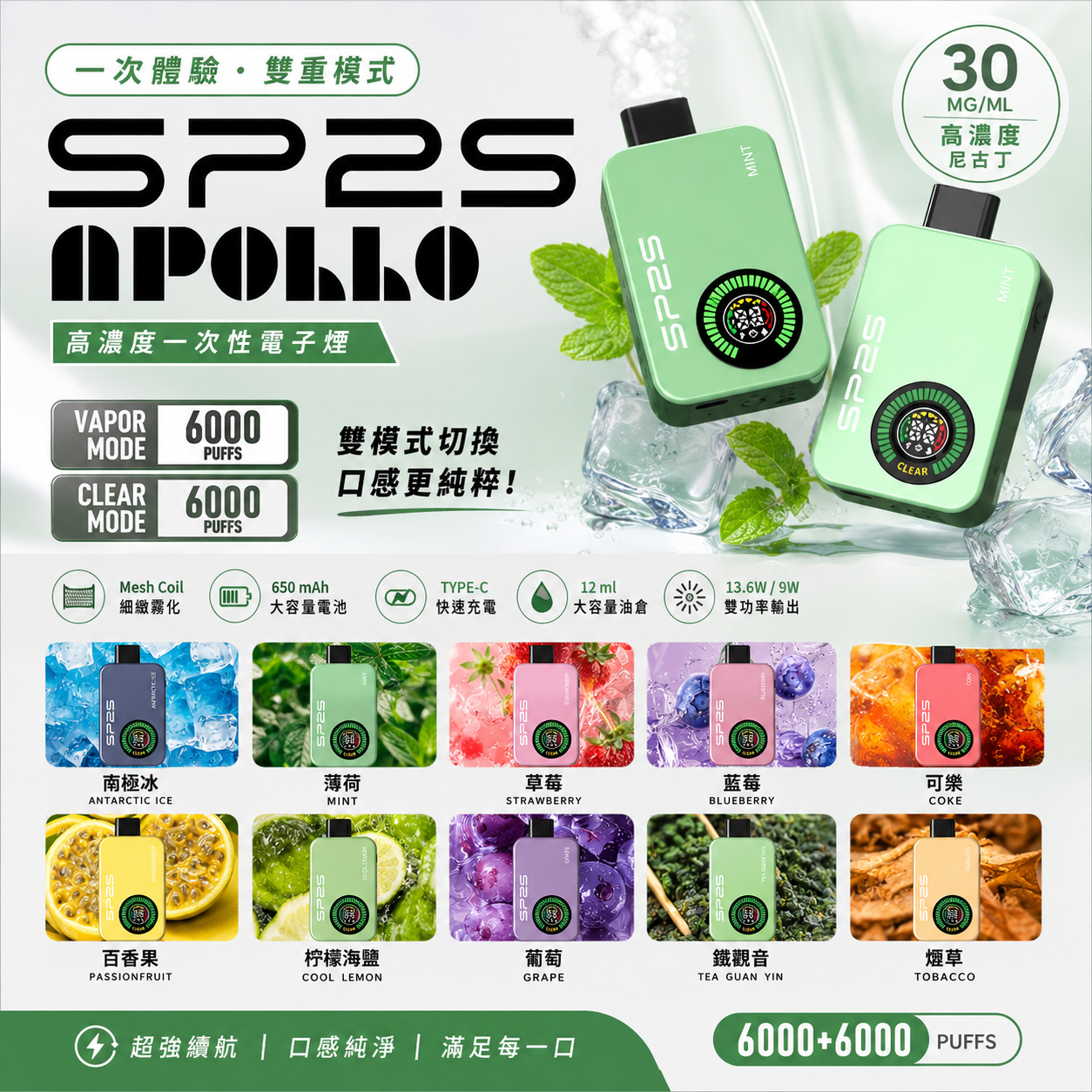 SP2S Apollo 12000口拋棄式電子煙｜雙模式切換｜6ml雙倉設計｜全彩液晶螢幕顯示｜便攜式電子煙設備-台灣現貨 圖片 2