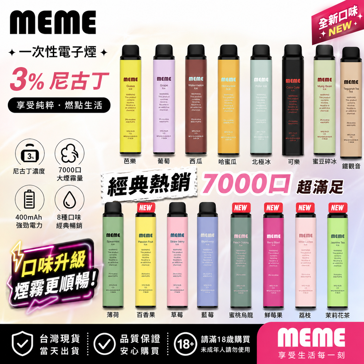 MEME 7000口拋棄式電子煙｜韓國 MEME Vape 大容量一次性電子煙｜長效續航｜多款水果風味-台灣現貨