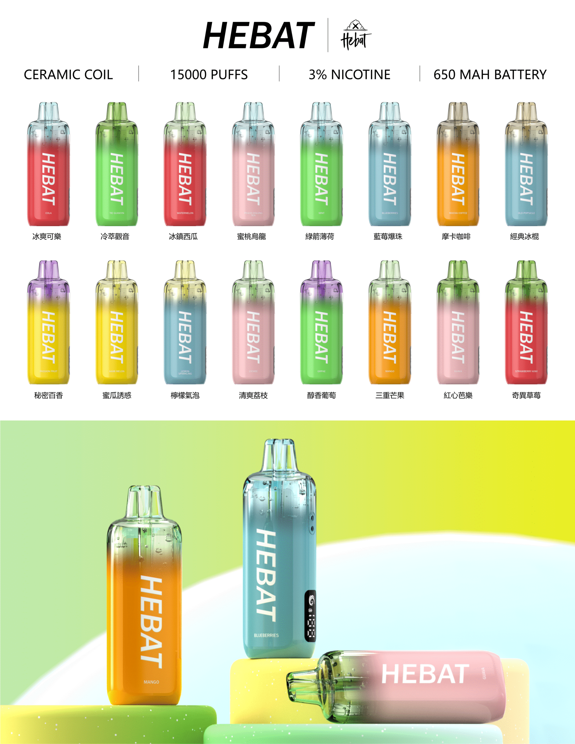 HEBAT 喜貝 15000口拋棄式電子煙｜高續航一次性 Vape｜便攜式設計-台灣現貨
