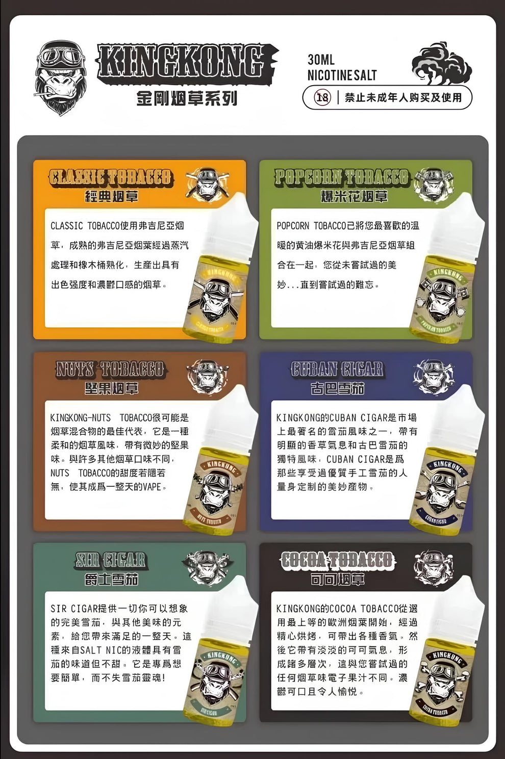 KINGKONG 金剛煙草系列 30ML 尼古丁鹽煙油｜經典醇厚煙草風味-台灣現貨 圖片 3
