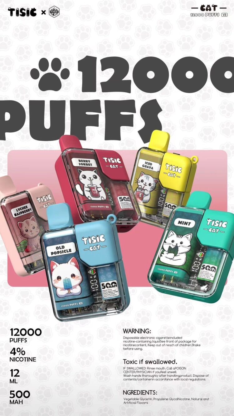 TISIC 貓咪 12000 Puffs 拋棄式電子煙｜大容量一次性主機｜智能顯示螢幕｜一次性 VAPE-台灣現貨 圖片 2