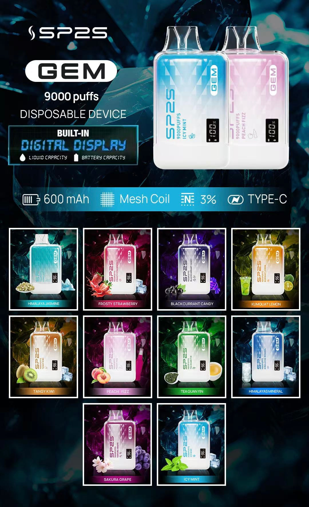 SP2S 思博瑞 9000 Puffs 拋棄式電子煙｜Mesh Coil・Type-C 快充・智能顯示-台灣現貨 圖片 4
