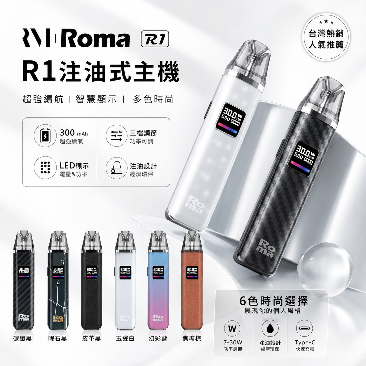 Roma R1 注油式主機｜300mAh 智慧螢幕・7-30W 功率可調・Type-C 快充-台灣現貨