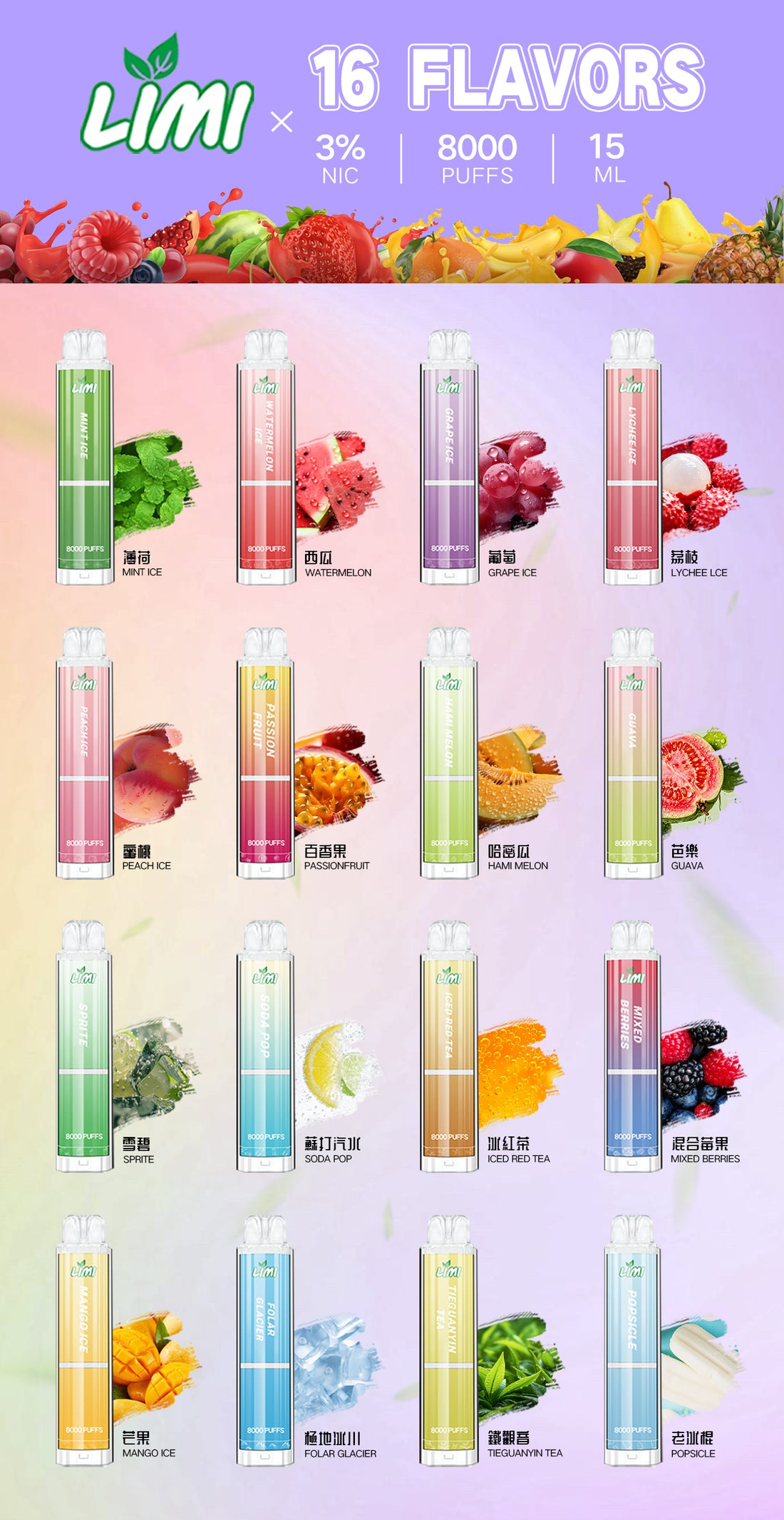 LIMI 8000口 PUFFS 發光拋棄式｜LED炫彩燈效｜長續航一次性辣妹電子菸｜多款水果冰感口味-台灣現貨 圖片 4